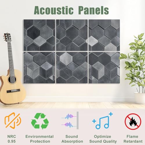 6 Pack Paneles Acústicos Artísticos Paneles Geométricos Hexagonales Gris Oscuro 3D Textura de Piedra Autoadhesivos para Estudios de Grabación Oficina 72"x48" miniatura 3