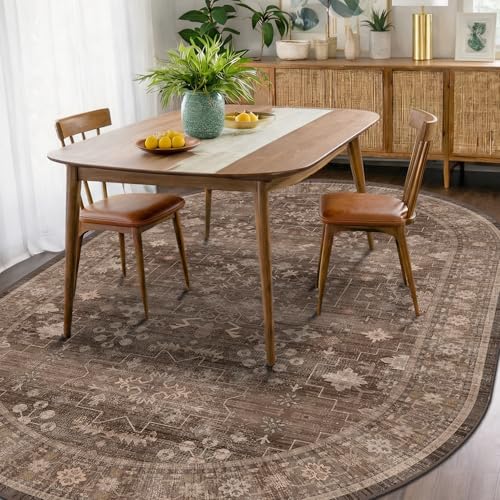 Hazo Haus Large Oval 5x8 Rug for Kitchen Table - Vintage Traditional Dark Neutral Geometric, Boho Washable Non-Slip Area Rugs for Reading Corner, Home Office (5x8 Brown)