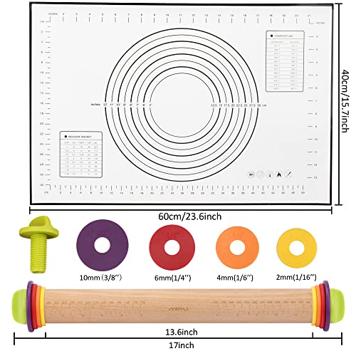 Mepple Rolling Pin With Thickness Rings And Pastry Baking Mat, 13.6" Adjustable Rolling Pin Wood Dough Roller For Baking Cookie Pizza, Comes With Large Silicone Pastry Mat, Kitchen Baking Tools #TOP3