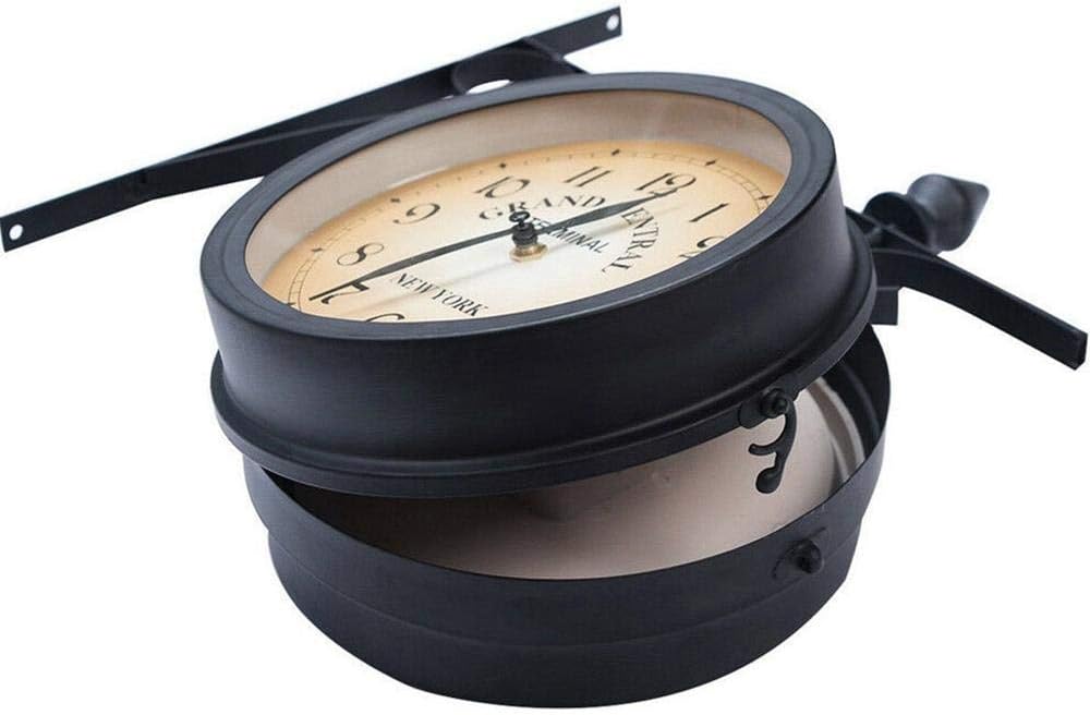 Wall Clock, Garden Clocks Outdoor Waterproof, Wrought Iron Vintage Decorative Double-Sided Outdoor Clocks for The Garden Wall Mounted Battery Powered Metal Hanger Outside Clock Coffee Bar Roun (A )