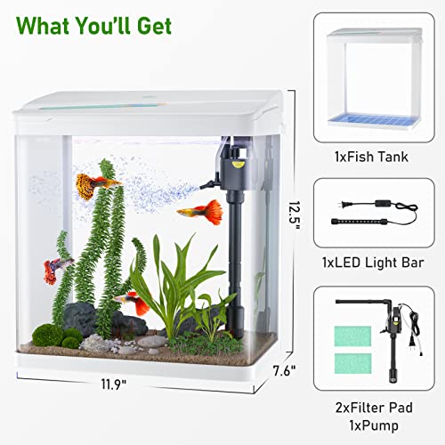 Pondon Betta Fish Tank, 3 Gallon Glass Aquarium, 3 In 1 Fish Tank With Filter And Light, Desktop Small Fish Tank For Betta Fish, Shrimp, Goldfish (White, 3Gallon) #TOP4
