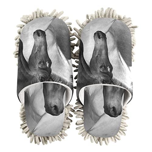 Flildon Microfiber Cleaning Slippers Two Running Horses Washable Mop Shoes Slipper For Men/Women House Floor Dust Cleaner, Size L #TOP2