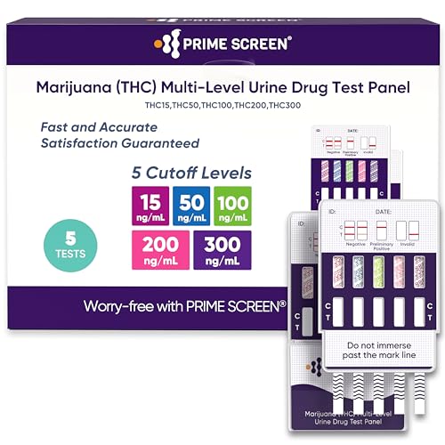 Prime Screen Multi Level Marijuana(THC) Urine Test Kit. Highly Sensitive THC 5 Level Drug Test Kit. Detects at 15 ng/mL 50 ng/mL 100 ng/mL 200 ng/mL and 300 ng/mL [5 Pack]