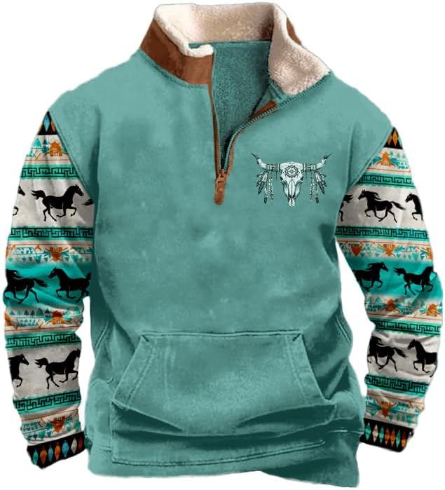 LOAIHA Hoodies for Men Aztec Jacket Long Sleeve 1/4 Zip Western Pullover Men Vintage Cowboy Sweatshirt Ethnic Country Jacket