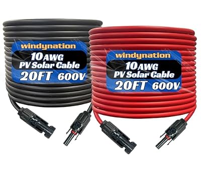 WindyNation 10 Gauge 10 AWG Pair 20 Feet Black + 20 Feet Red PV Photovoltaic Solar Panel Extension Cable Wire Solar Connectors