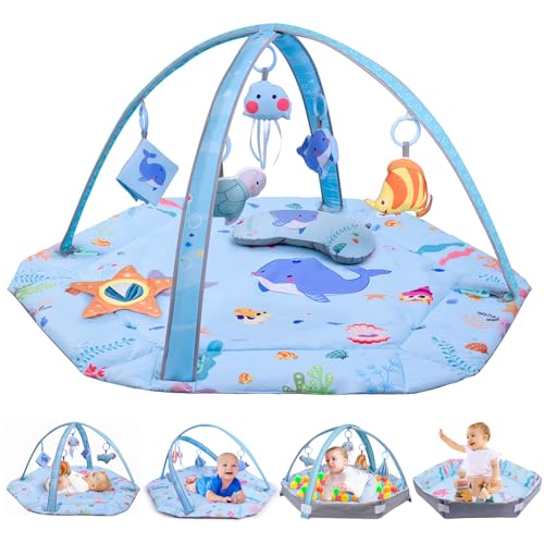 Bellababy 4-in-1 Baby Play Mat Tummy Time Mat, Floor Gym Activity Playmat with Toys for Visual, Hearing, Touch, Cognitive Development for Infant and Toddler, Thicken & Soft, Large Size 110 * 100 cm