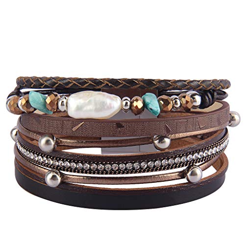 GelConnie Baroque Pearl Leather Cuff Bracelet Multi Strand Boho Bracelets Trendy Wrap Around Bracelet Bohemian Jewelry for Women, Daughter, Sister LPB300-Brown