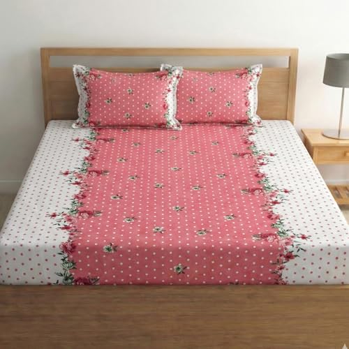 Image of Fashion String Microfibre Polka Dot & White Border Corner Elastic Fitted Double Bedsheet (72x78 Inches) with 2 Pillow Covers
