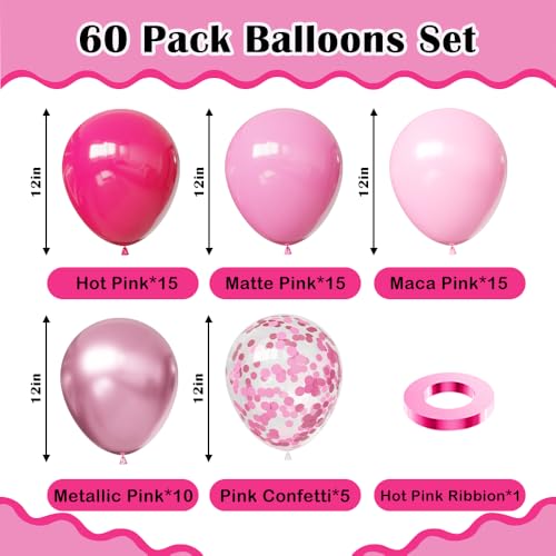 Image of Pink Balloons, 60Pcs 12in Hot Pink Balloons | Latex Balloons for Girls Women Birthday Valentine's Day Wedding Party Decoration