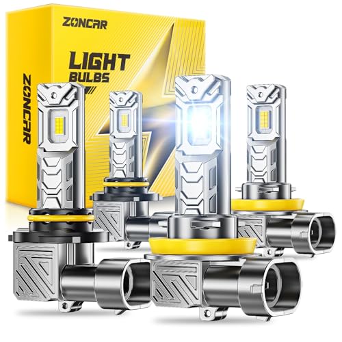 ZonCar 9005 H11 Fog Light Bulbs Combo, 10X Brighter 120000LM 6500K White HB3 H8 Driving Light Bulbs, 1:1 Size Plug N Play, 60,000hrs Long Lifespan, No Flicker, 99% Compatibility, Box of 4