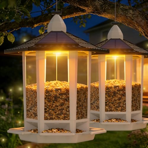 Birdream 2 Pack Solar Bird Feeders for Outdoors Hanging, Assembly Required, 1-Min Easy Setup, Wild Seed Feeders for Cardinals Chickadees and Finches
