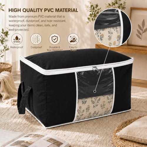 Image of Non-Woven Underbed Storage Bag with Side Handles - Blanket, Comforter & Quilt Organizer - Foldable Dust-Proof Storage Box for Clothes, Sweaters & Bedding - Black, 65x33x47cm (Pack of 1)