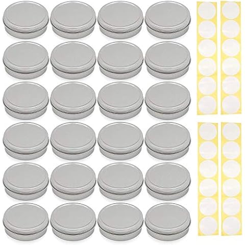 SimbaLux Screw Top Round Steel Tin Cans 4 oz (120 ml) with Self Adhesive White Round Stickers, 24-Pack Cover