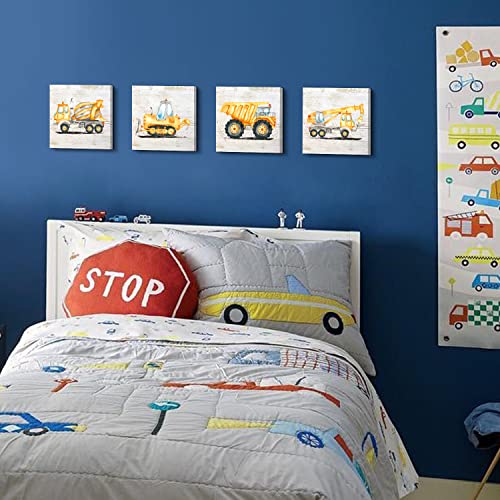 Construction Car Wall Art Boys Room Decor Cartoon Truck Tractor Digger Canvas Posters For Boy Bedroom Toddler Pictures Watercolor Vehicle Theme Paintings Kids Nursery Artwork Decorations 12X12”4Pcs #TOP4