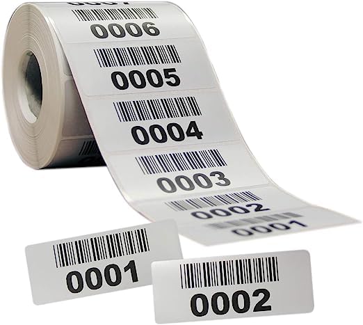 Etiquetas inventario de poliéster opaco 64 x 25 mm preimpresas códigos de barras y numeración progresiva (0-500)
