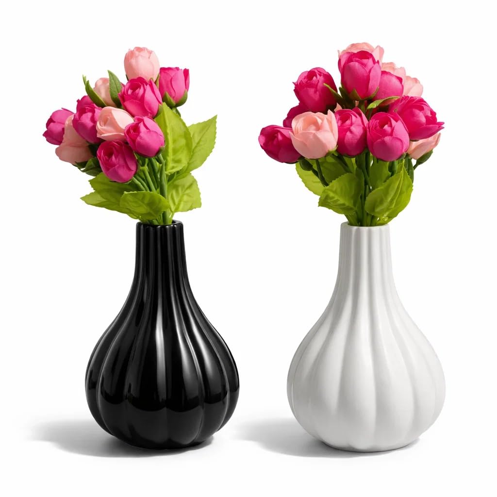 SPHINX Small Ceramic Flower Vase Set with Artificial Tulips – Modern Decorative Bud Vases for Living Room Table, Shelf, Office Desk Centerpiece Decor (2 Vases + 2 Flower Bunches)