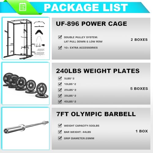 Image of ULTRA FUEGO Power Cage, Multi-Functional Power Rack with J-Hooks, Dip Handles, Landmine Attachment and Optional Cable Pulley System for Home Gym