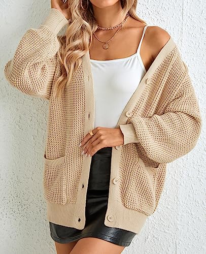 Qualfort Women's Cardigan Sweater 100% Cotton Button-Down Long Sleeve Oversized Knit Cardigans With Pockets Beige X-Large #TOP3