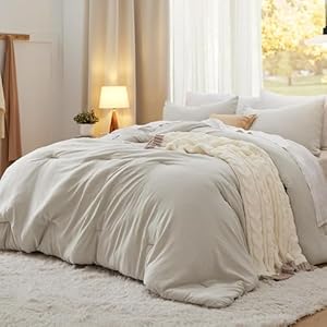 Bedsure Queen Size Comforter Sets, Beige Soft Prewashed Bed Comforter for All Seasons, 3 Pieces Warm Bedding Sets, 1 Lightweight Comforter (90″x90″) and 2 Pillowcases (20″x26″)
