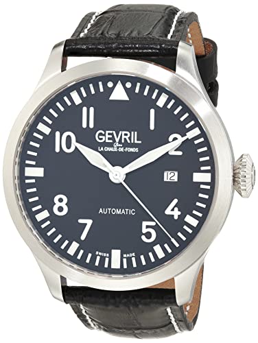 Gevril 43502-01 Men's Vaughan Swiss Automatic Watch, Genuine Italian Black/White Stitching Leather Strap