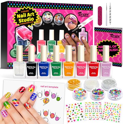 Tomons Nail Polish Set Non Toxic Kids Nail Polish Kit for Kids Ages 7-12, Birthday Gifts for 6 7 8 9 10 11 12 Year Girl, Glitter, Sequins, Stickers, Nail Art Kit Tools- 8 Colors