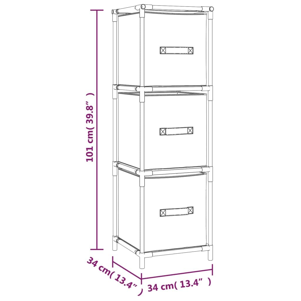 Armadio con 3 cassetti in tessuto, grigio, 34 x 34 x 101 cm, telaio in acciaio, cassettiera per ufficio, soggiorno, camera da letto, corridoio, officina, con organizer versatile e ripiano