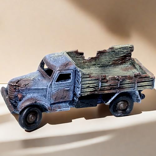 RVQIGYP Aquarium Decoration Ruin Truck, Fish Tank Decoration Truck Wreckage, Ruin Truck, Hole Truck Loading, Blue