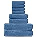 Tens Towels Pack of 8 Towels Set, 2 Extra Large Bath, 2 Hand, 4 Washcloths, 100% Cotton, Lighter Weight, Quicker to Dry, Super Absorbent, Perfect for Bathroom, Blue