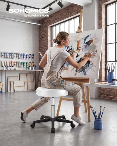 Image of SONGMICS Rolling Stool, Adjustable Swivel Stools Chair, PU Leather, White | Round Rolling Stool 300 lb Weight Capacity , Adjustable Height, for Salon, Bar, Tattoo, Massage, Home Office, UOSC061W101