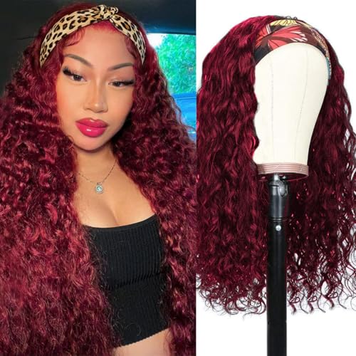 99j Burgundy Headband Wig Human Hair Water Wave None Lace