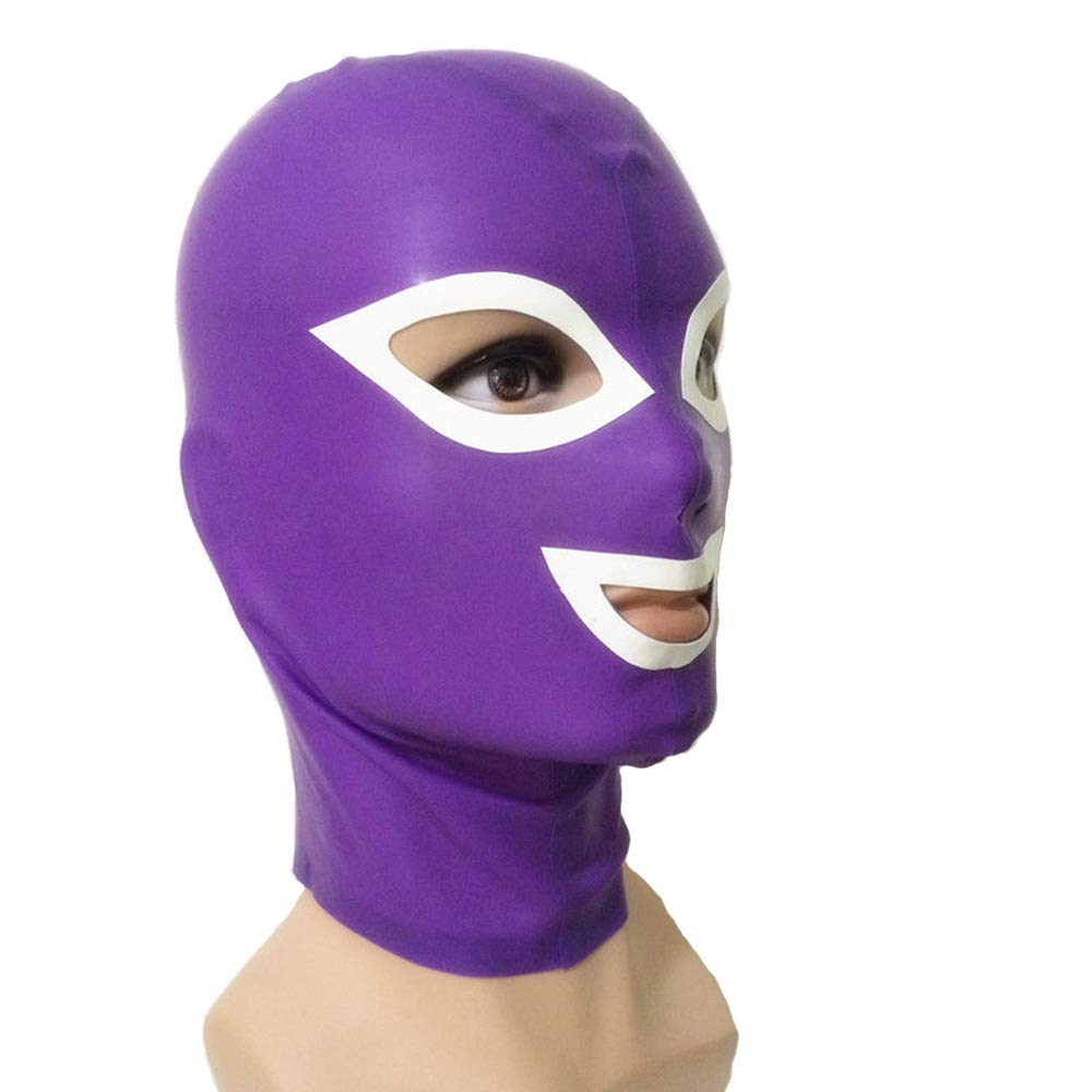 Máscara de látex sexy cubierta de cabeza de goma unisex capucha desgaste único para fiesta sexo BA19 (M, Violeta)