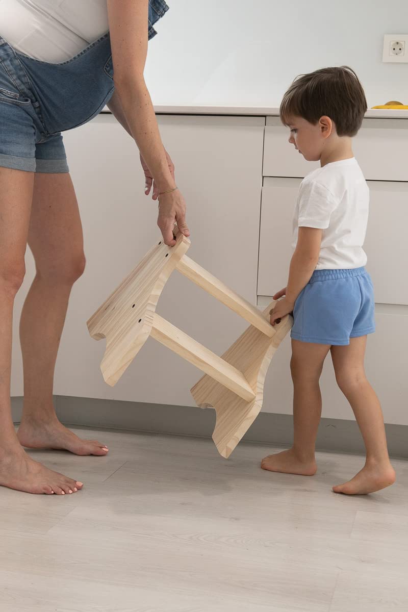 Taburete infantil Montessori - Escalón niños madera 100% natural - banco de madera baño - escalón infantil - escalera 2 peldaños - taburete baño - taburete madera (Modelo Nube)