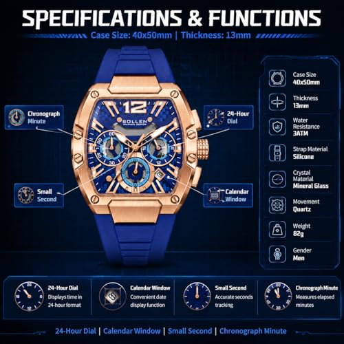 Image of SOLLEN Blue Men's Tonneau Watches, Stylish Chronograph Analog Quartz Watch | Date Window, 24 Hours, Second & Minute Chronograph, 30M Water-resistant, 40x50mm Stainless Steel Case, Silicone Strap, Gift
