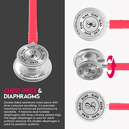Image of ELKO EL-160 Primus III AL Aluminum Head Stethoscope For Doctors and Medical Students | Double Sided Chest Piece For Adult & Pediatric Patients | U-Shaped PVC Tubing | Soft Sealing Ear Knobs (Pink)
