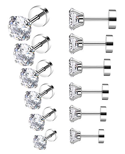 YOVORO 6 Pairs 20G Stainless Steel Stud Earrings for Men Women Cartilage Ear Piercings Helix Tragus Barbell 3-8mm B