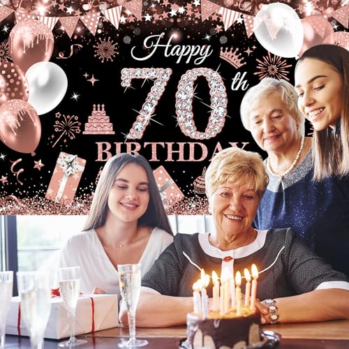 Image of Avezano Happy 70th Birthday Banner for Women Black and Rose Gold Glitter Balloon 70 Birthday Party Backdrop 70 Year Old Bday Photo Backdrop Party Supplies 70.8 x 43.3 Inch