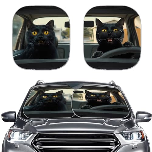 Image of Funny Black Cat Car Front Windshield Sun Shade 2-Piece Foldable Car Windshield Sun Shade UV Rays and Keeps Vehicle Cool Easy to Install for Most Sedan Truck SUV