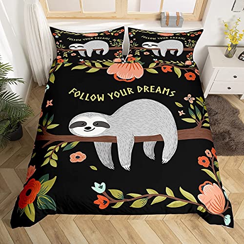 Sloth Duvet Cover Set for Kids Boys Girls Cartoon Sloth Print Bedding Set Lovely Animal Pattern Comforter Cover Floral Leaves Branches Bedspread Cover,Room Decor 3Pcs Bedding King
