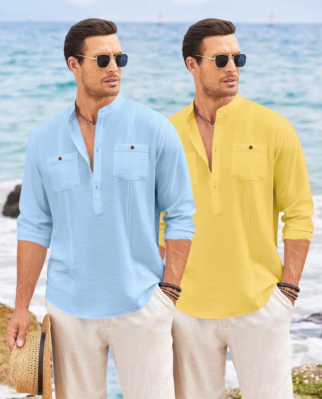 Image of Macsivo Combo of Men's Regular Fit Cotton Blend Solid Casual Short Kurta with Mandarin Collar and Pockets Kurta Pack of 2