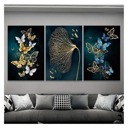 Tableau Déco Nature triptyque bleu doré avec feuille et papillon - 5