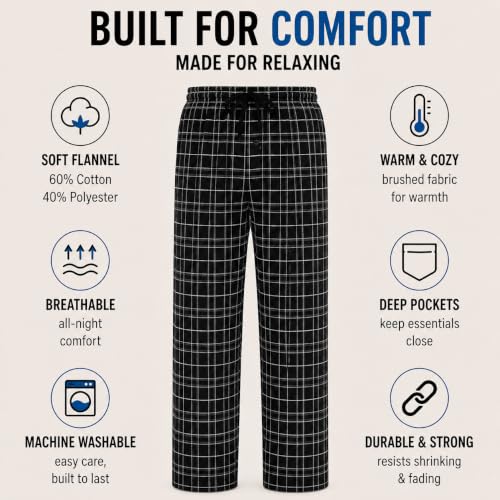 Image of Essential Elements Mens 3 Pack PJ Cotton Flannel Plaid Pajama Lounge Pants | Soft Brushed Warmth With an Elastic Waist, Classic Patterns for Cozy Sleep, Relaxing and Everyday Wear