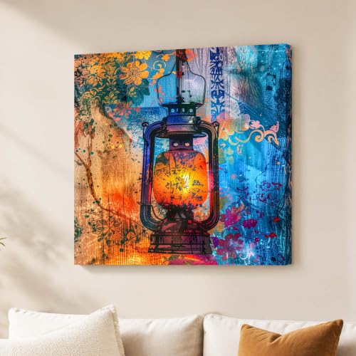 Image of PAINTINGMANTRA Vintage Lantern Artwork Stretched Canvas Painting for Living Room | Rustic Abstract Lantern Wall Decor Art For Livingroom, Bedroom, Office, Hallways - 22x22 Inch