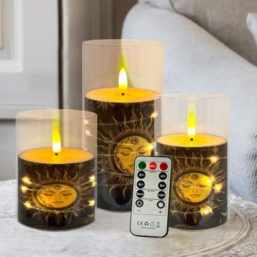 Image of Flickering Flameless Candles Black Moon and Sun, Embedded Star String Lights, Battery Operated Acrylic LED Pillar Candles with 11-Key Remote and Timer for Home Decoration, 3 Pack