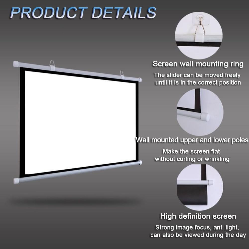 Écran De Projection Manuel 40 50 60 Pouces, Écran De Projecteur Home Cinéma HD 4K, Écran Videoprojecteur Mural, Anti-Plis, Facile À Enrouler(50 inch 16:9)