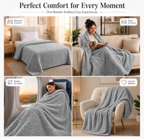 Image of SANMARINO Premium 300 GSM Single Bed Flannel Blanket | Ultra Soft Leaf Emboss Plush Blanket | All Season Lightweight & Cozy | AC Blanket for Bed, Sofa, Couch, Travel & Camping | 152x228 cm,Grey