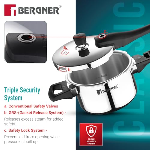 Image of Bergner Argent Elements Triply Stainless Steel 1.5 L Outer Lid Pressure Cooker, Healthy Cooking, Even Heat Distribution, Sturdy Handle, Easy Lock System, Safety Gasket - Induction and Gas Stove Ready
