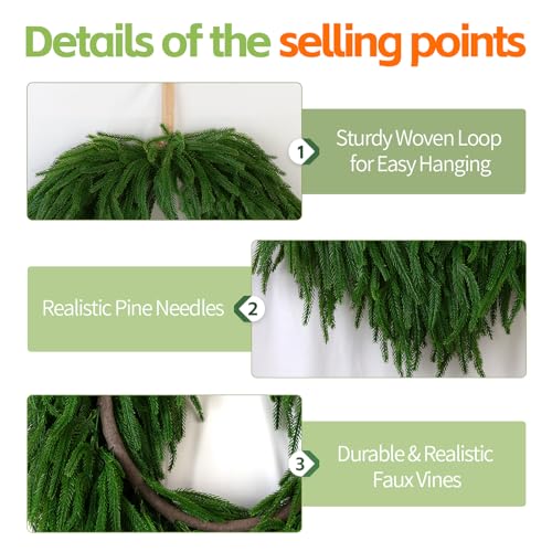 Image of 24 inch Norfolk Pine Christmas Wreath for Front Door - Large Artificial Greenery Wreath for Wall, Porch, or Indoor Outdoor Holiday Decor - Real Touch Pine Foliage (1, 24 inch)