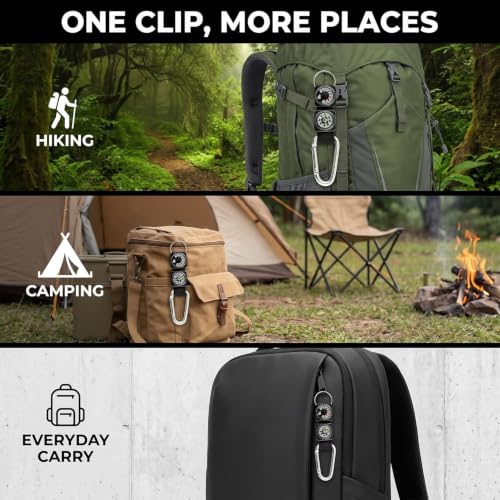 Mosquetón negro con brújula, termómetro y llavero de metal para camping, senderismo y deportes al aire libre miniatura 6