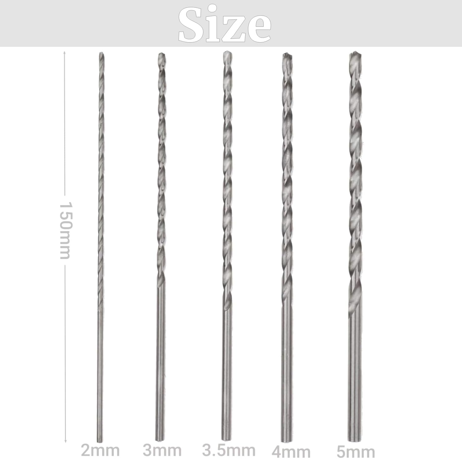 5 Stück Lange HSS Spiralbohrer Set – 2mm, 3mm, 3,5mm, 4mm, 5mm, Für Holz, Aluminium, Kunststoff