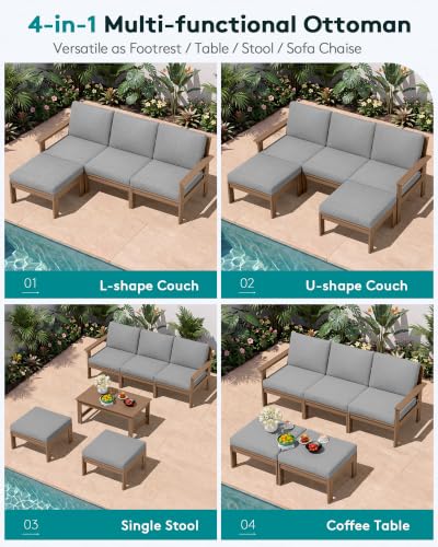 Image of SERWALL HDPE Outdoor Ottoman with Cushions for Outdoo Sofa | Brown Frame & Gray Cushions
